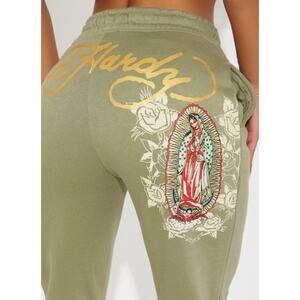 Ed Hardy Olive Green Jogger Sweatpants Mary Graphic Women’s L Vintage Y2K New